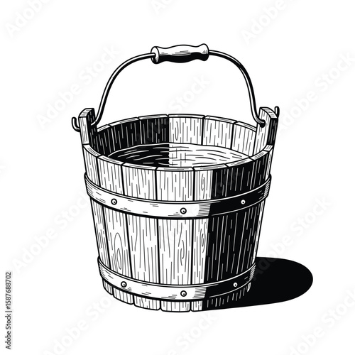 Vintage wooden bucket filled with water and casting a shadow on a white background