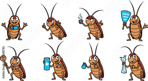 Set of cartoon cockroach characters holding various objects in different poses and expressions.