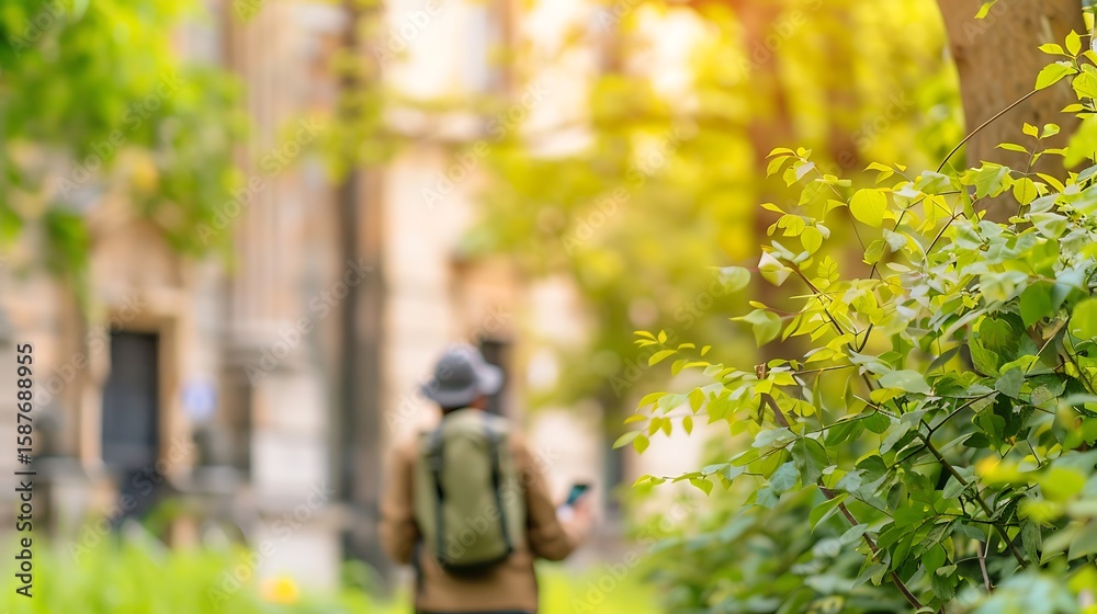 Obraz premium Hiker with backpack exploring a lush green path in sunlight