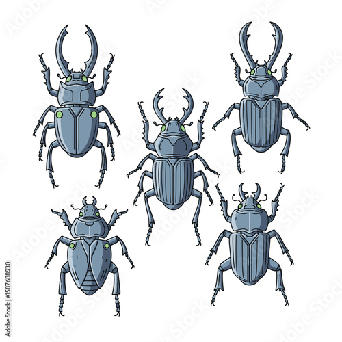 Collection of five stylized pixel art rhinoceros beetles with prominent horns showcasing their detailed exoskeletons and segmented bodies in a naturalistic arrangement