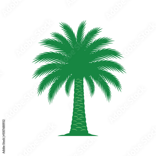 A vibrant green palm tree silhouette detailed with naturalistic textures and a smooth trunk standing against a clean white background representing tropical environments
