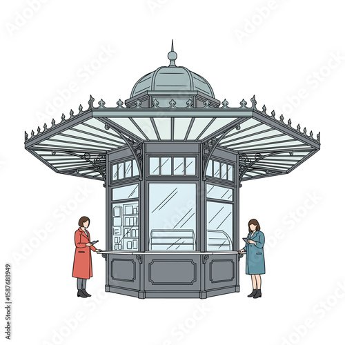 Elegant victorian style kiosk with people interacting outside admiring goods displayed