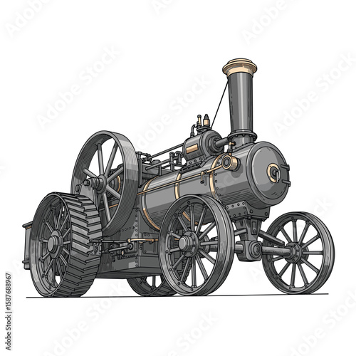 Detailed illustration of a powerful vintage steam engine vehicle featuring intricate mechanical components and a robust industrial design