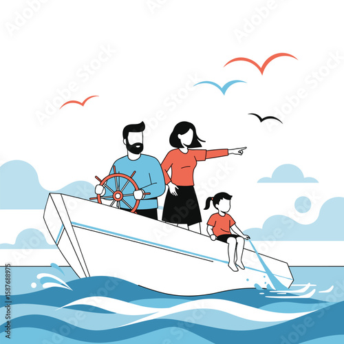 Family enjoying a scenic boat trip sailing on a calm ocean under a bright blue sky with birds flying above