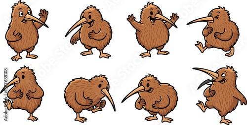 Set of cute cartoon kiwi birds in various poses waving, walking, and smiling on white background.