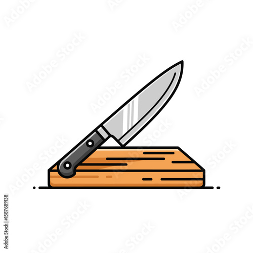 A sharp kitchen knife rests angled on a wooden cutting board