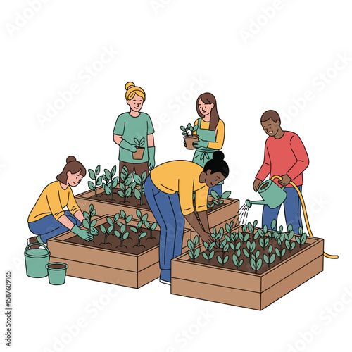 Diverse group of people engaged in community gardening activities together