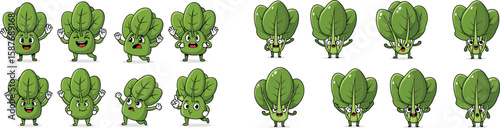 Cute spinach vegetable cartoon characters in various poses and expressions vector set.
