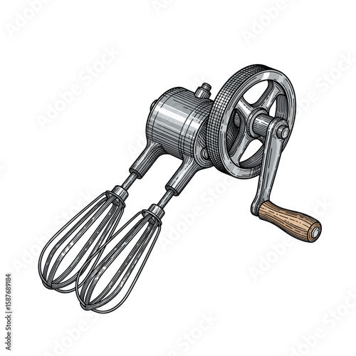 Vintage hand crank egg beater mixer with double whisk attachments and wooden handle for kitchen baking and cooking