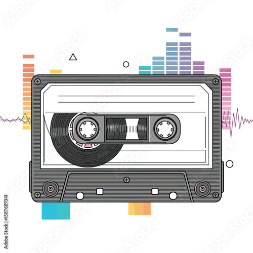 Vintage cassette tape audio visualizer with retro music sound waves and equalizer bars