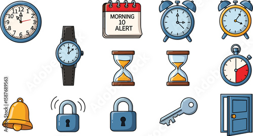 Cartoon vector illustration of clocks, locks, a bell, sand timers, a key, a door, and a calendar against a white background.