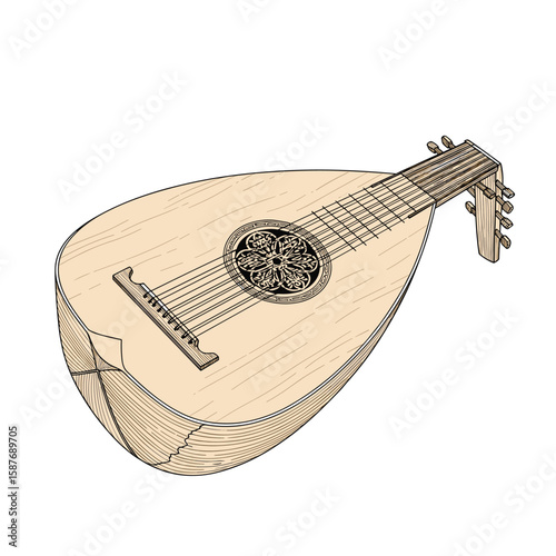 Acoustic stringed instrument with pear shaped body and frets