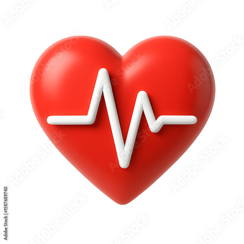 Red heart with white ECG pulse line symbol isolated on transparent background