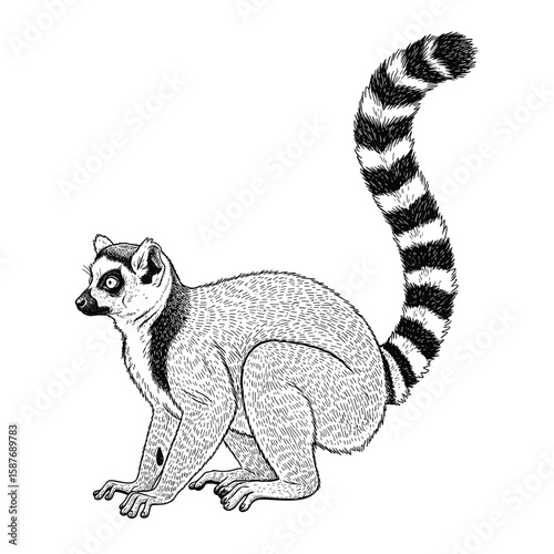 A detailed black and white illustration of a ring tailed lemur sitting attentively with its distinctive striped tail raised high showing its unique pattern and markings