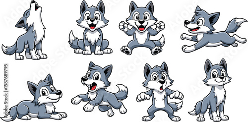 Cartoon wolf poses set, cute gray wolf cubs in various playful actions isolated on white background.