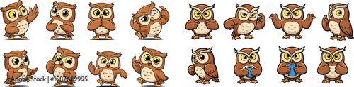 Cartoon owl character set. Various owls in different poses, walking, winking, reading, thinking, giving thumbs up.