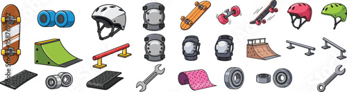 Skateboarding equipment and skate park parts vector cartoon illustration