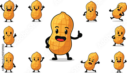 Cartoon peanuts character set with happy expressions and gestures, isolated on white background.