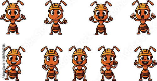 Cartoon construction worker ants mascot character in various poses and expressions on white background.