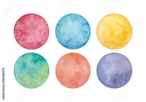 Watercolor abstract circular shapes with vibrant ink stains on white background, ideal for modern designs, templates, artistic backgrounds and creative projects.