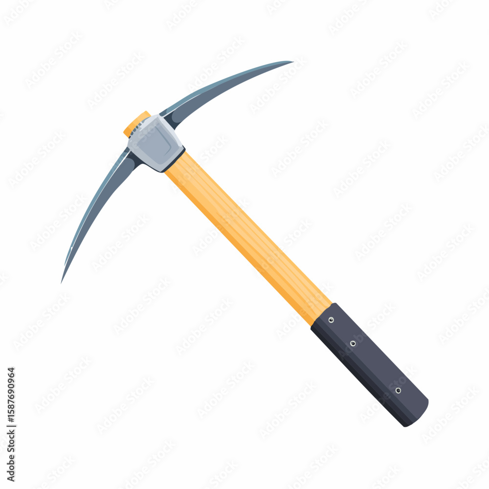Mining Pickaxe Tool with Wood Handle, and Metal Head.