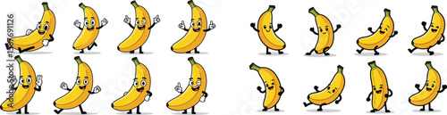 Cartoon bananas with faces strike playful poses, wink, wave and dance against a white backdrop.