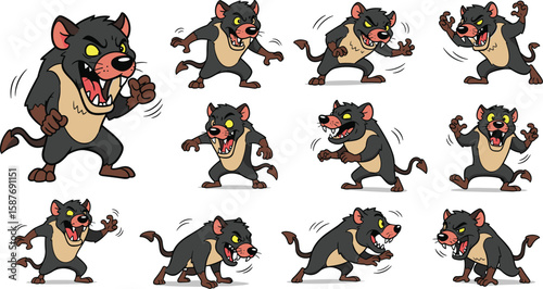 Cartoon tasmanian devil character vector illustration set with twelve different poses and expressions on a white background