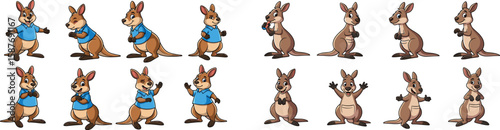 Cartoon kangaroo character set in various poses and actions with and without a shirt.