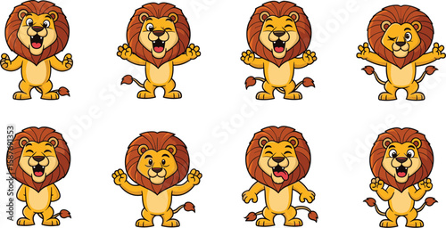 Cartoon lions character in various poses vector illustration