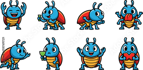 Set of eight cartoon beetle characters in different poses, holding drinks, standing with open arms, and sticking tongue out