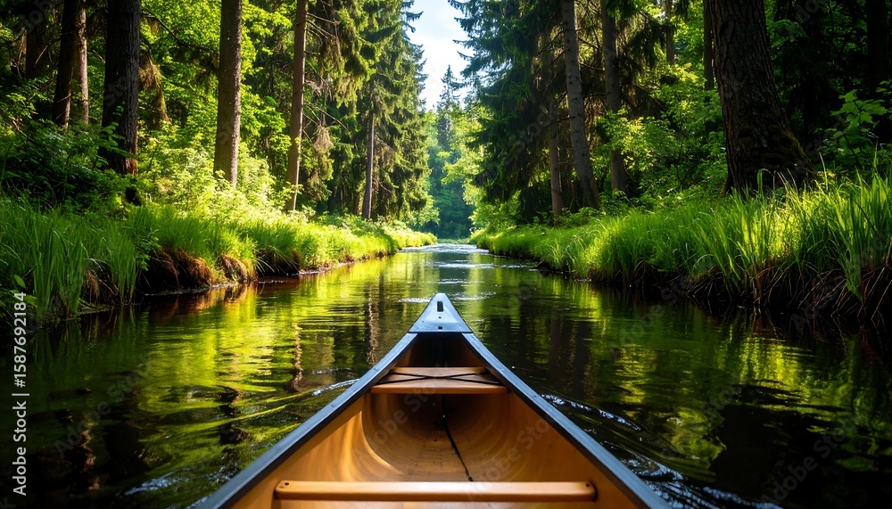 Fototapeta premium Serene Canoe Ride Through Lush Forest - Relaxation