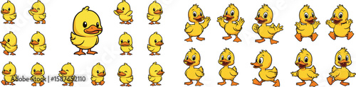 Cartoon yellow duckling character set, various poses, expressing different emotions, cute vector illustration