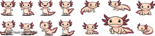 Cartoon axolotl character set with various poses and expressions.