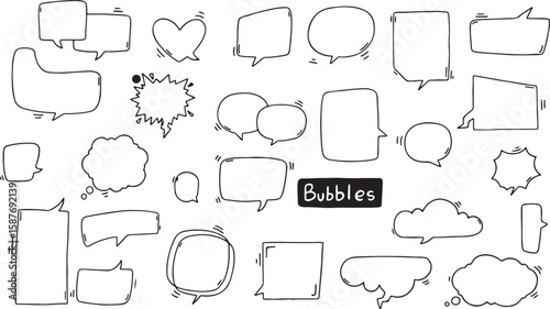 Minimal Comic Text Bubble Set – Black and White, Sketch, Message, Talk, Speech, Hand-Drawn, Outline, Doodle, Pop, Simple