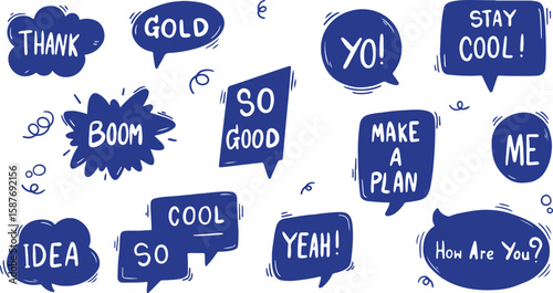 Blue Comic Speech Bubbles Vector Pack – Cool, Expression, Talk, Typography, Emote, Yo, Shout, Message, Pop, Cartoon