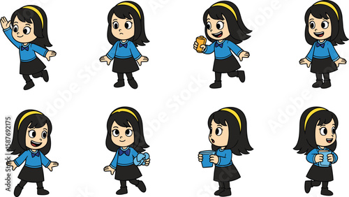 Cartoon girl character set: waving, sad, drinking can/cup, walking, holding gift.