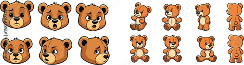 Cartoon set of teddy bear in diverse poses and emotive facial expressions.