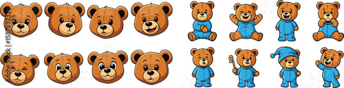 Cartoon teddy bears show various expressions and poses in a vector art illustration.