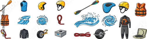 Kayaking and rafting cartoon vector set with gear, accessories, ropes, and equipment.