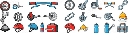 Cartoon set of bicycle parts and accessories, helmets, water bottle, tool box in vector format.
