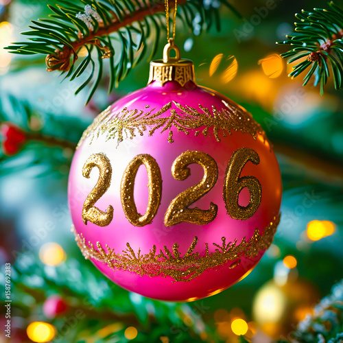 Pink Christmas Ornament with Golden 2026 Lettering. Stylish Pink Holiday Bauble with Gold Text. Elegant Pink and Gold Christmas Ball Close-Up. Shiny Pink Ornament with Year 2026 Decoration.