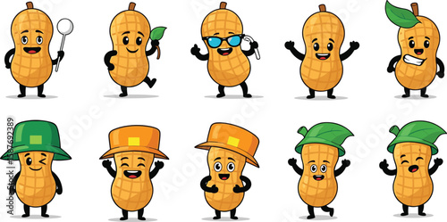 Cartoon peanut characters with various accessories and expressions in vector illustration set