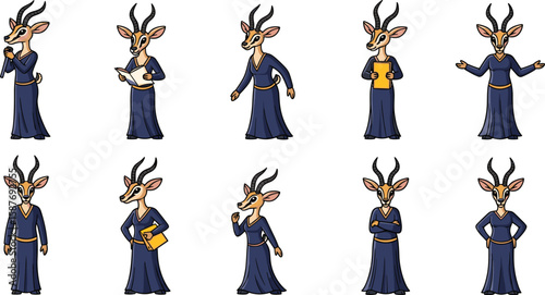 Cartoon gazelle in dress poses with book, paper, mic.