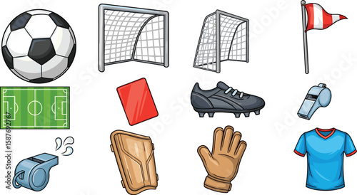 Soccer equipment vector icons: ball, goals, field, cards, cleats, gloves, jersey, whistles, flag and shin guard.