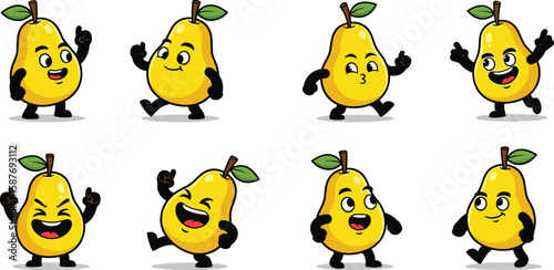 Set of yellow pear cartoon character with various emotions, pointing, walking, laughing, and looking cute.