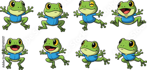Cartoon frog character set, in various poses and expressions, wearing blue shirt