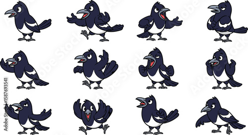 Cartoon set of twelve cartoon magpies in varied poses and expressions on a white background.