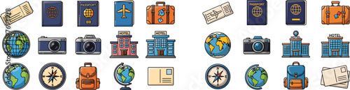 Vector travel icon set: tickets, passports, luggage, cameras, globes, hotels, compass, postcards, backpacks, adventure