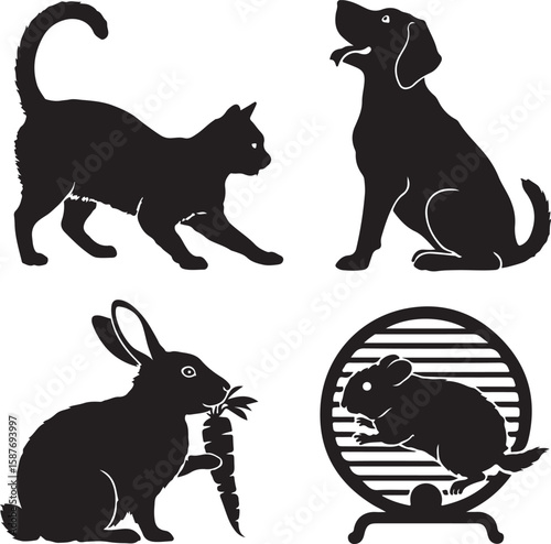 Black animal silhouettes with pet accessories rabbit