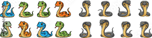 Cartoon vector collection of different colored cartoon snakes in different postures